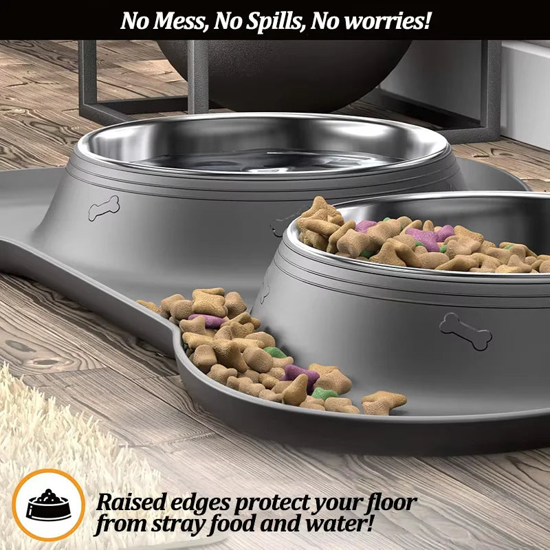 Premium Stainless Steel Slow Feeder Dog Bowls with No Spill Waterproof Silicone Mat - 2 in 1 Feeding Station for All Breeds