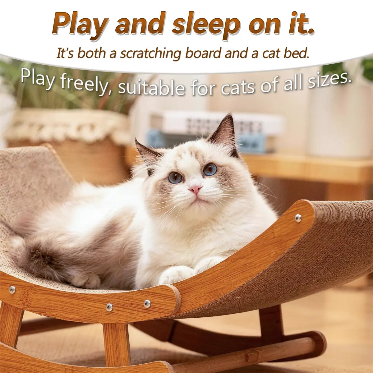 Elegant Bohemian Rocking Cat Scratcher Bed for Indoor Cats, Curved Lounge Chair with Solid Wood Frame, Dual Function Scratching and Rocking, Calming Anti-Anxiety Cat Rocker, Non-Shedding Comfortable Bed for Medium to Large Cats and Kittens