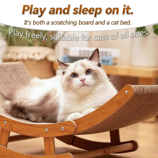 Elegant Bohemian Rocking Cat Scratcher Bed for Indoor Cats, Curved Lounge Chair with Solid Wood Frame, Dual Function Scratching and Rocking, Calming Anti-Anxiety Cat Rocker, Non-Shedding Comfortable Bed for Medium to Large Cats and Kittens