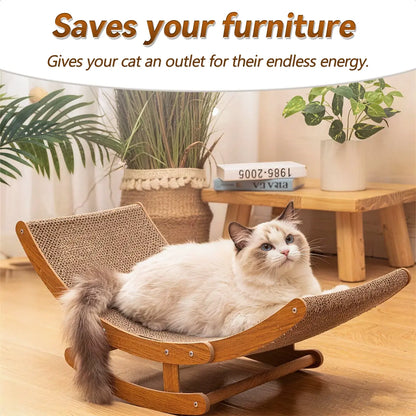 Elegant Bohemian Rocking Cat Scratcher Bed for Indoor Cats, Curved Lounge Chair with Solid Wood Frame, Dual Function Scratching and Rocking, Calming Anti-Anxiety Cat Rocker, Non-Shedding Comfortable Bed for Medium to Large Cats and Kittens