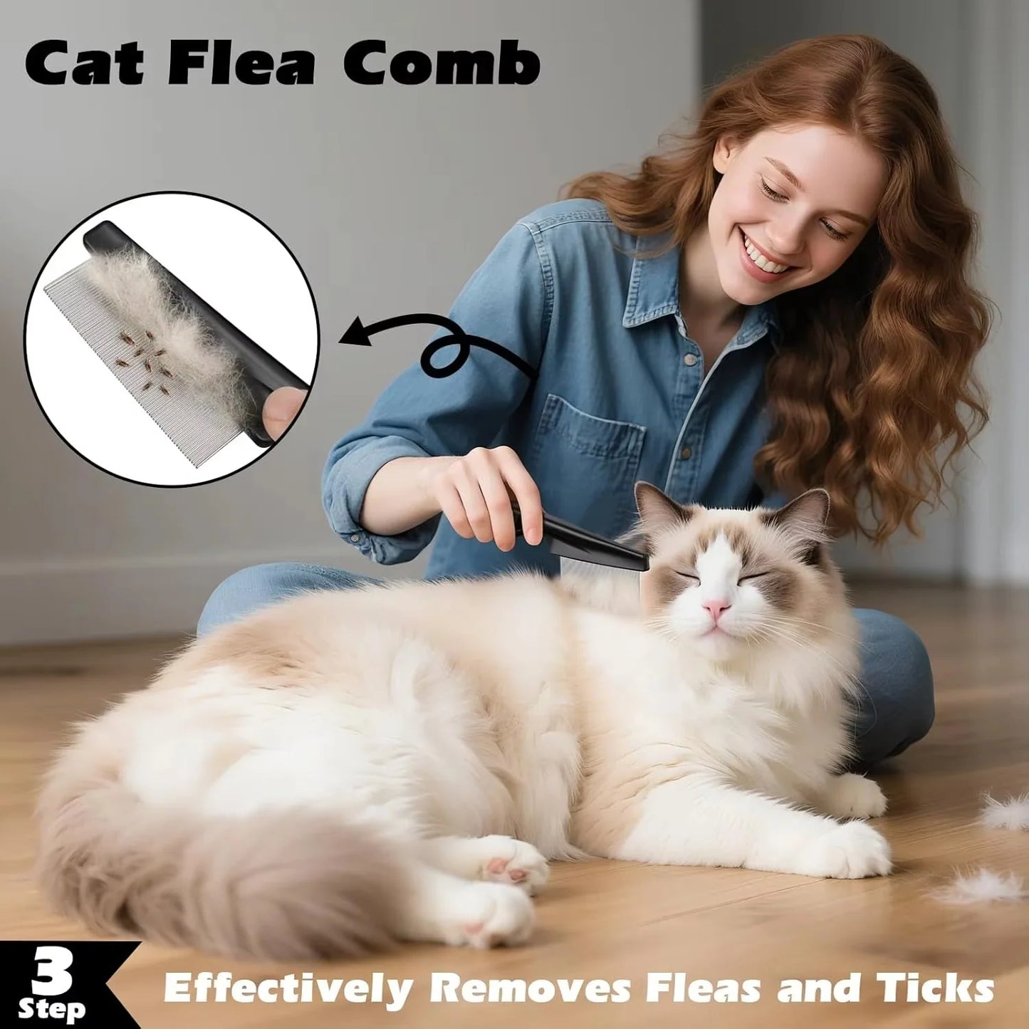 Essential 3PCS Cat Grooming Kit: Brush, Nail Clipper, and Flea Comb for Indoor Cats