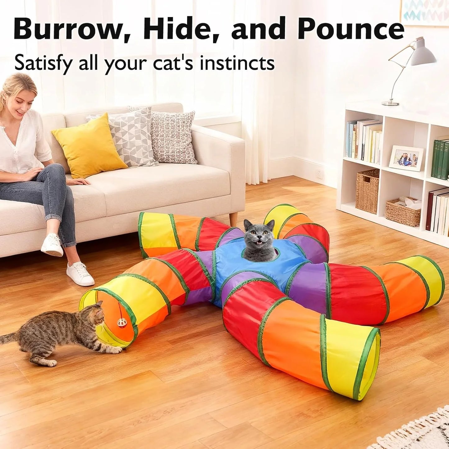Rainbow Cat Tunnel with Play Ball & Toy Mouse - Collapsible S-Shape Interactive Tube for Cats, Kittens, Rabbits & Puppies - Perfect Christmas Gift!