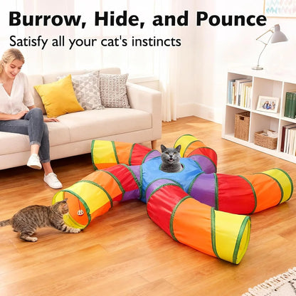 Rainbow Cat Tunnel with Play Ball & Toy Mouse - Collapsible S-Shape Interactive Tube for Cats, Kittens, Rabbits & Puppies - Perfect Christmas Gift!