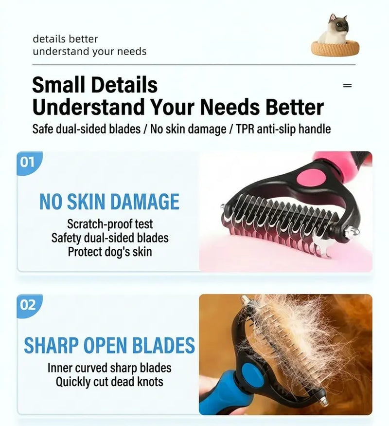 Pain-Free Dematting Undercoat Rake for Pets - Double-Sided Shedding Brush and Tangle Remover Tool for Dogs and Cats, Reducing Loose Hair and Mats Effectively