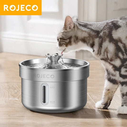 ROJECO Automatic Stainless Steel Cat Water Fountain - Rechargeable Pet Water Purifier for Cats and Dogs