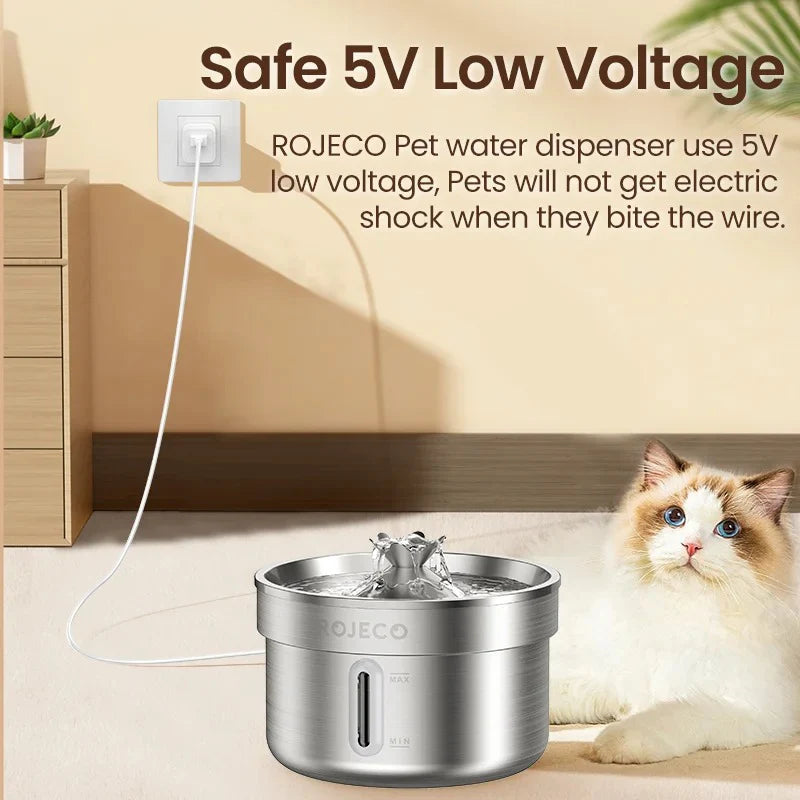 ROJECO Automatic Stainless Steel Cat Water Fountain - Rechargeable Pet Water Purifier for Cats and Dogs