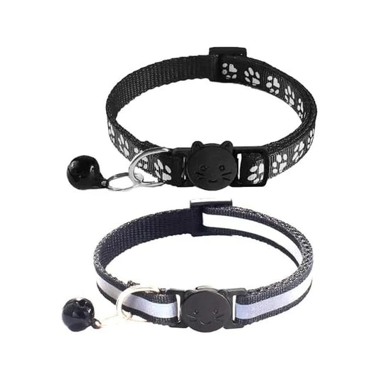 Breakaway Cat Collars - 2 Pack with Bells, Reflective Design & Adjustable Safety Buckle (7.5-12.5 Inches, Black)