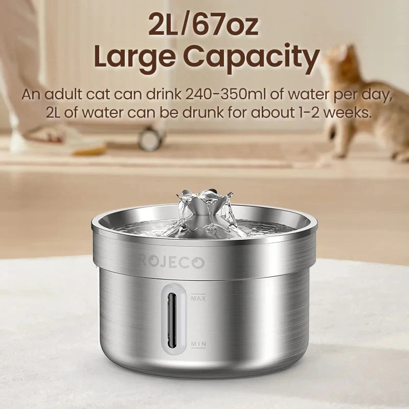 ROJECO Automatic Stainless Steel Cat Water Fountain - Rechargeable Pet Water Purifier for Cats and Dogs