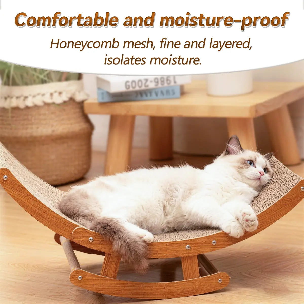Elegant Bohemian Rocking Cat Scratcher Bed for Indoor Cats, Curved Lounge Chair with Solid Wood Frame, Dual Function Scratching and Rocking, Calming Anti-Anxiety Cat Rocker, Non-Shedding Comfortable Bed for Medium to Large Cats and Kittens