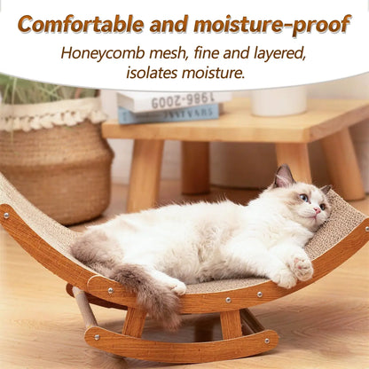 Elegant Bohemian Rocking Cat Scratcher Bed for Indoor Cats, Curved Lounge Chair with Solid Wood Frame, Dual Function Scratching and Rocking, Calming Anti-Anxiety Cat Rocker, Non-Shedding Comfortable Bed for Medium to Large Cats and Kittens