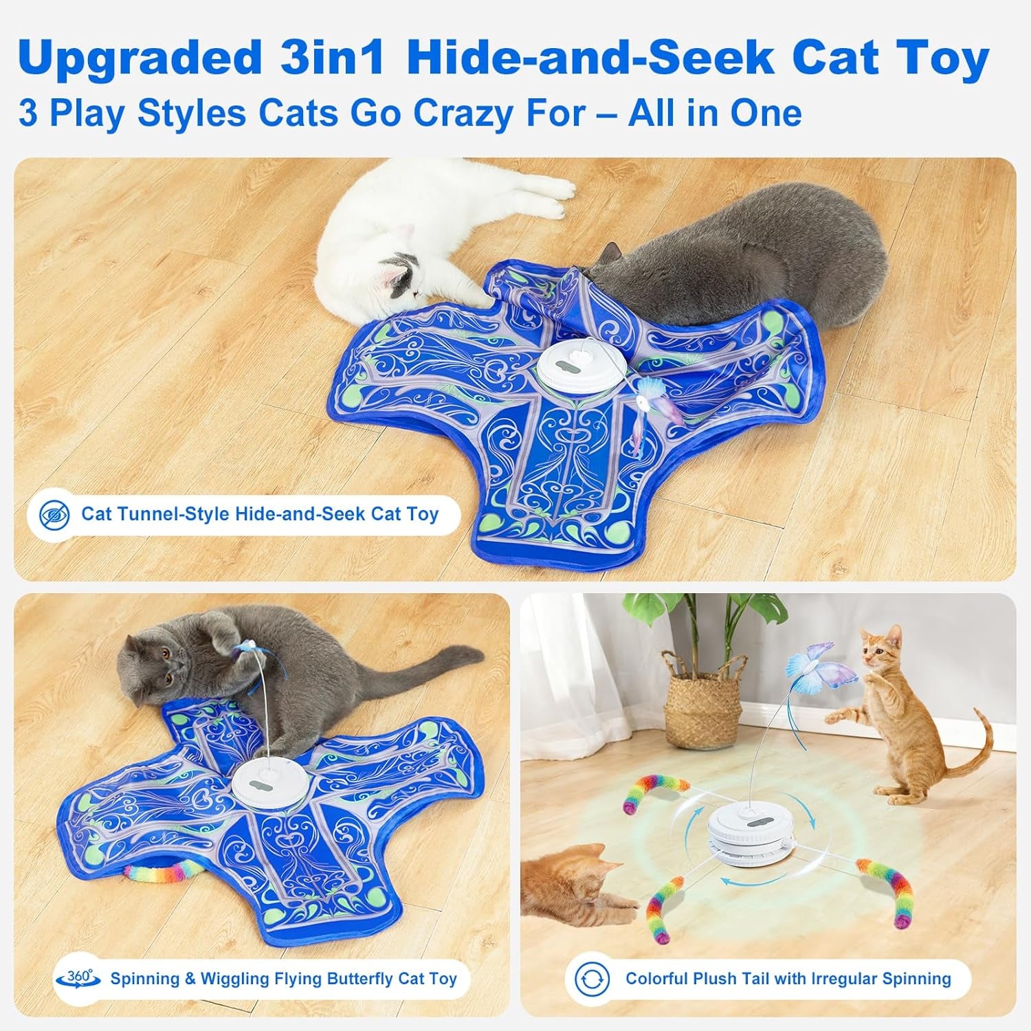 Rechargeable Interactive Cat Toys - Upgraded Hide and Seek Fluttering Fun for Indoor Cats (Blue)