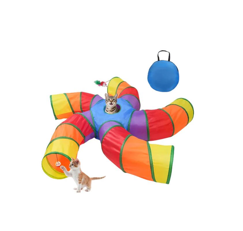 Rainbow Cat Tunnel with Play Ball & Toy Mouse - Collapsible S-Shape Interactive Tube for Cats, Kittens, Rabbits & Puppies - Perfect Christmas Gift!