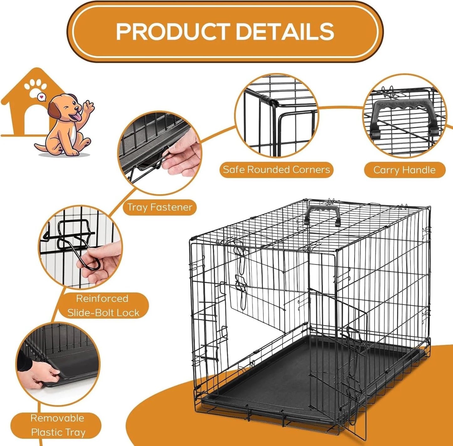 36" Double Door Portable Dog Crate - Metal Wire Kennel with Secure Lock, Leak-Proof Pan, and Foldable Design for Indoor Training & Outdoor Travel