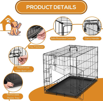 36" Double Door Portable Dog Crate - Metal Wire Kennel with Secure Lock, Leak-Proof Pan, and Foldable Design for Indoor Training & Outdoor Travel