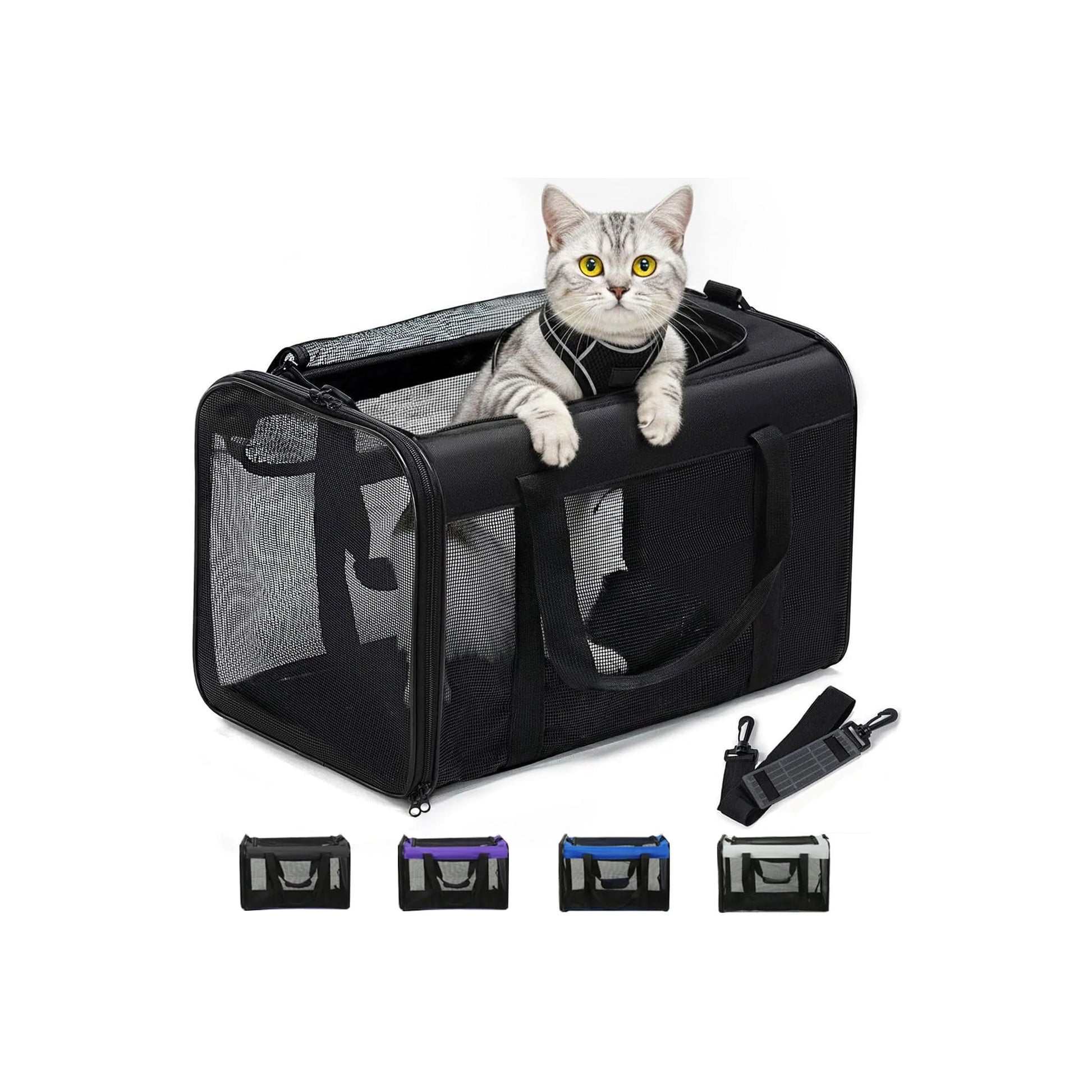 Premium Soft-Sided Cat Carrier Bag - Airline Approved Pet Travel Carrier for Small & Medium Cats and Puppies up to 15lbs - Collapsible Design with 4-Sided Mesh for Ultimate Comfort
