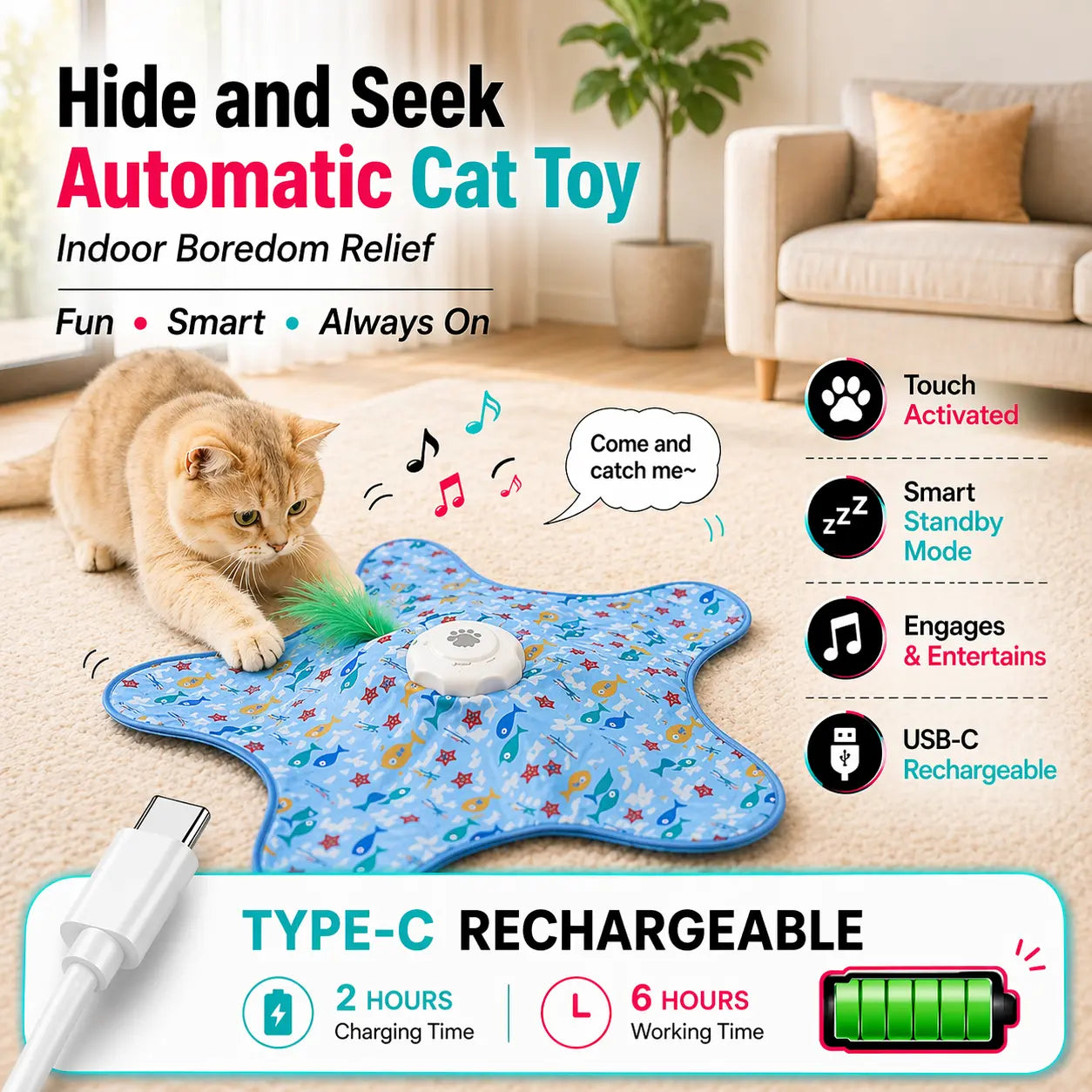 Interactive Automatic Feather Hunting Toy for Cats – USB Rechargeable Indoor Entertainment for All Breeds