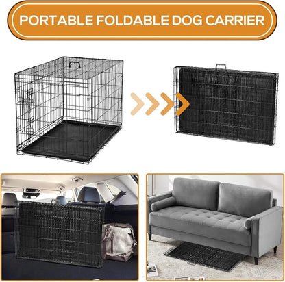 36" Double Door Portable Dog Crate - Metal Wire Kennel with Secure Lock, Leak-Proof Pan, and Foldable Design for Indoor Training & Outdoor Travel