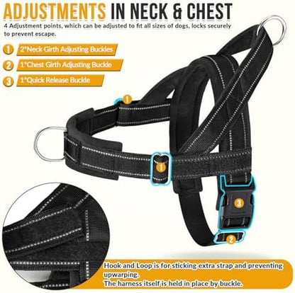 Heavy Duty No Pull Dog Harness & Leash Set - Reflective Tactical Design with Soft Padding & Front Clip for Easy Walking & Training - Perfect for Medium to Large Dogs (Black, Size L)