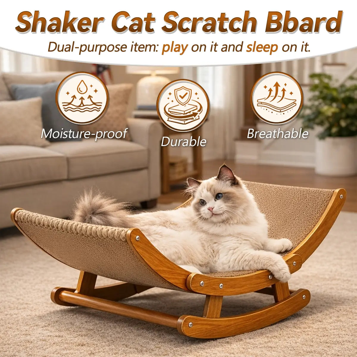 Elegant Bohemian Rocking Cat Scratcher Bed for Indoor Cats, Curved Lounge Chair with Solid Wood Frame, Dual Function Scratching and Rocking, Calming Anti-Anxiety Cat Rocker, Non-Shedding Comfortable Bed for Medium to Large Cats and Kittens