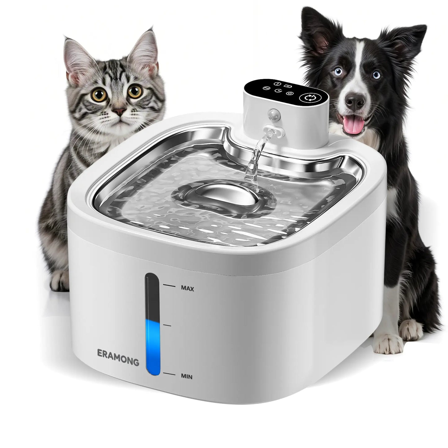 ERAMONG Smart Indoor Wireless Pet Water Fountain - 3.5L Battery-Powered with Stainless Steel Tray, Motion Sensor, and 4-Layer Filtration System for Cats and Dogs