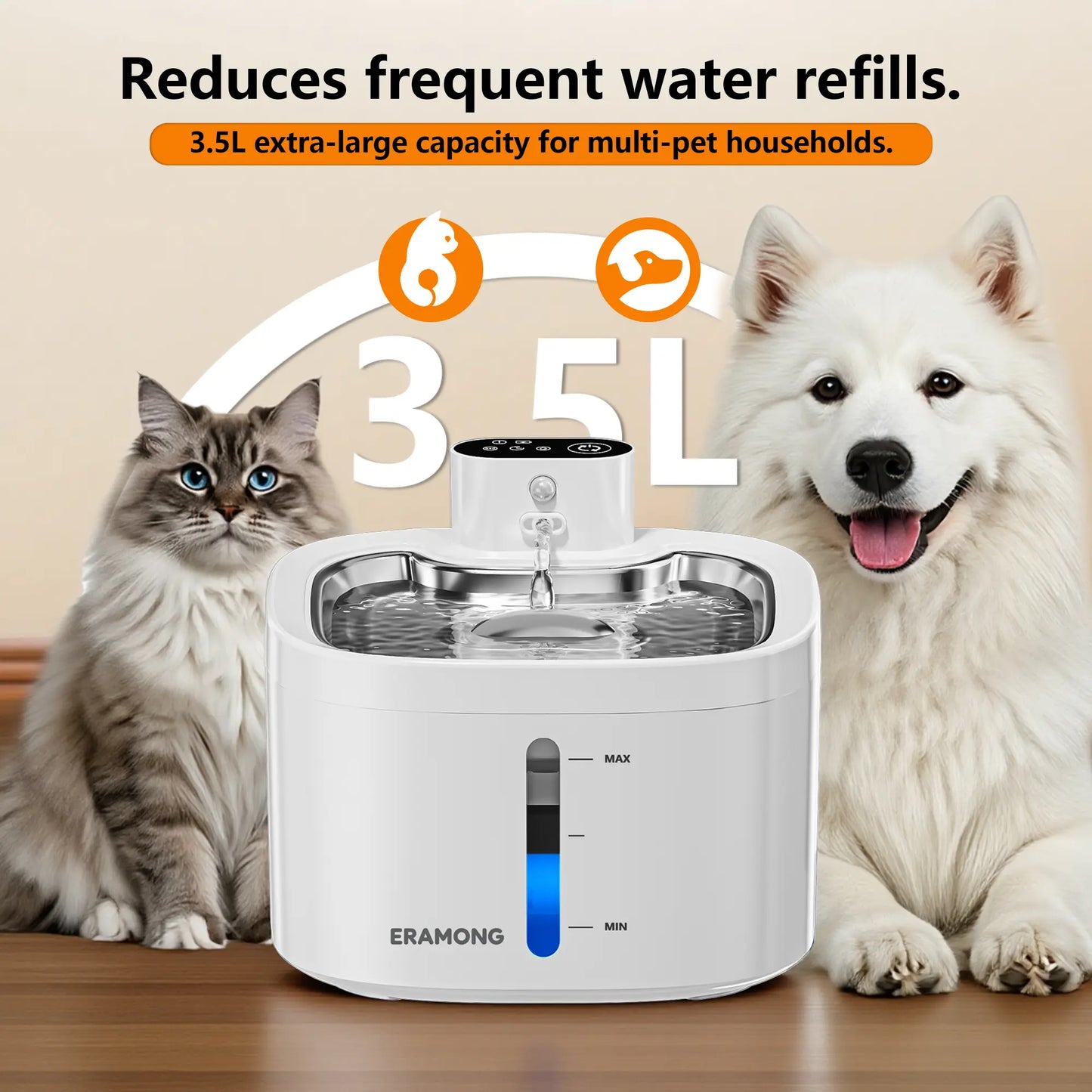ERAMONG Smart Indoor Wireless Pet Water Fountain - 3.5L Battery-Powered with Stainless Steel Tray, Motion Sensor, and 4-Layer Filtration System for Cats and Dogs