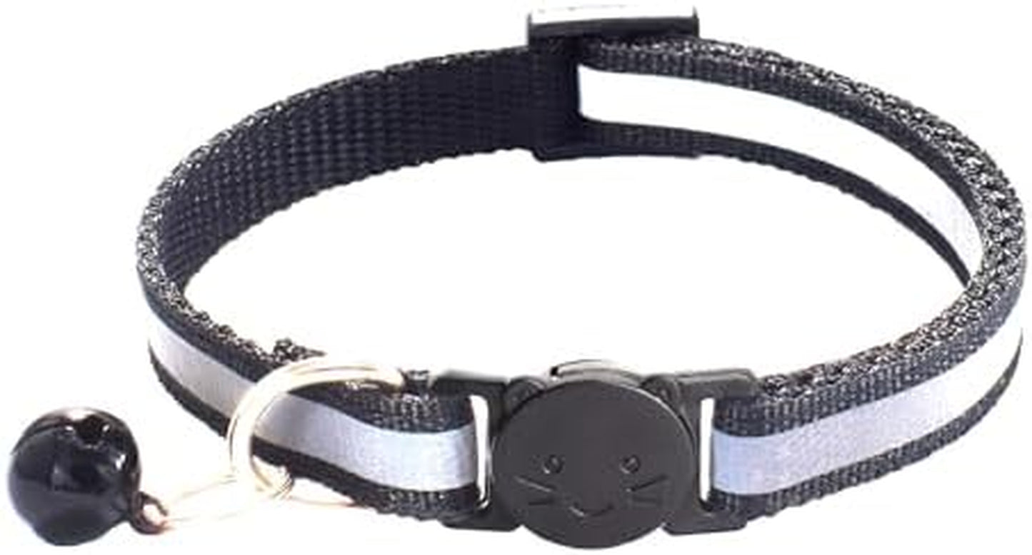 Breakaway Cat Collars - 2 Pack with Bells, Reflective Design & Adjustable Safety Buckle (7.5-12.5 Inches, Black)