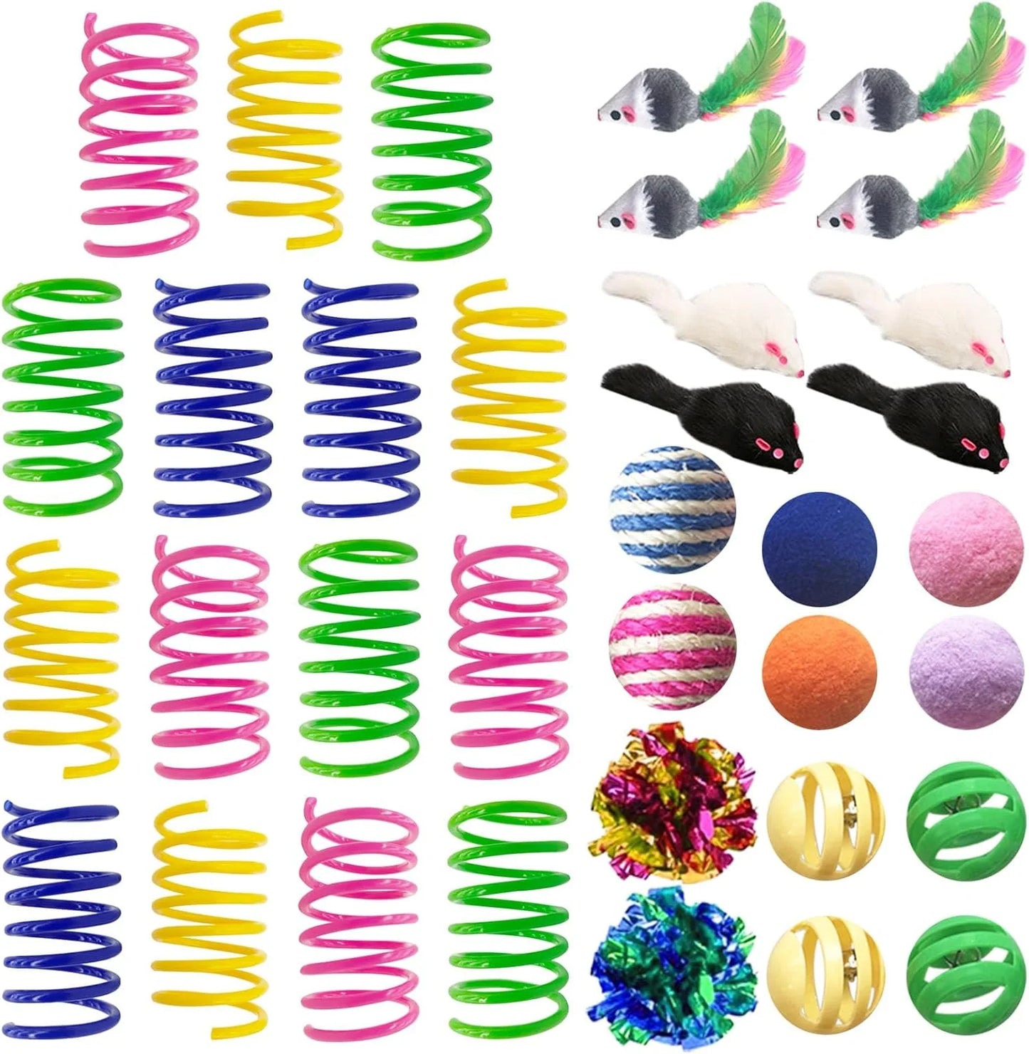 Ultimate 35-Pack Interactive Cat Toy Set for Indoor Cats - Colorful Springs, Crinkle Mice, Sisal Balls, Pompoms & Bell Balls for Endless Fun!