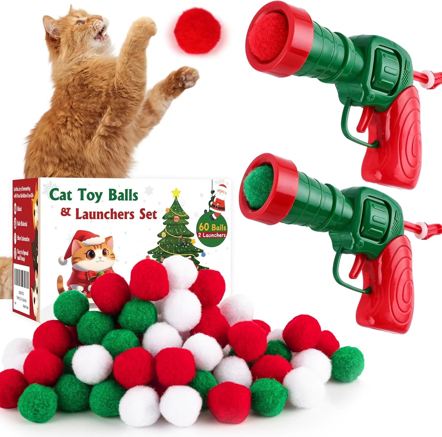 Ultimate Cat Toy Balls Set - 60 Pom Pom Balls & 2 Launchers for Interactive Play - Safe & Soft Enrichment Toys for Cats
