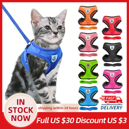 Adjustable Cat and Dog Harness Vest with Leash - Comfortable Mesh Walking Gear for Small to Medium Pets