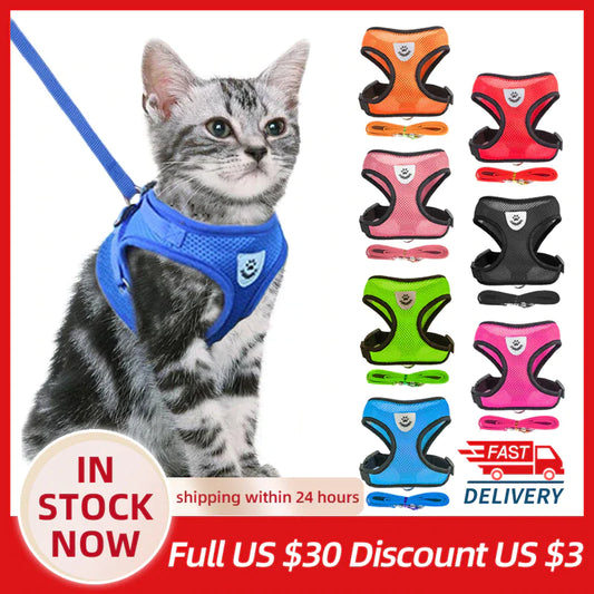 Adjustable Cat and Dog Harness Vest with Leash - Comfortable Mesh Walking Gear for Small to Medium Pets