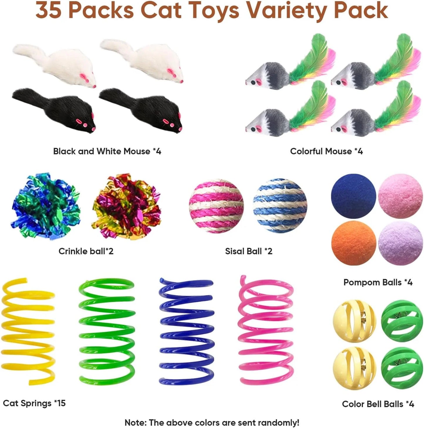 Ultimate 35-Pack Interactive Cat Toy Set for Indoor Cats - Colorful Springs, Crinkle Mice, Sisal Balls, Pompoms & Bell Balls for Endless Fun!