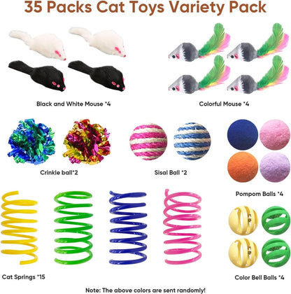 Ultimate 35-Pack Interactive Cat Toy Set for Indoor Cats - Colorful Springs, Crinkle Mice, Sisal Balls, Pompoms & Bell Balls for Endless Fun!