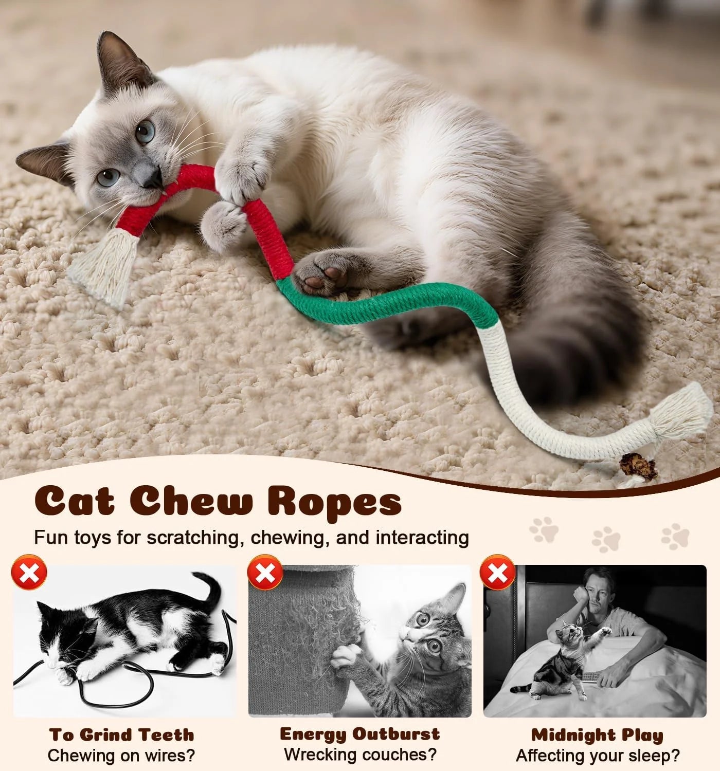 Interactive Cat Chew Ropes - 4 Pack with Refillable Natural Catnip, Safe Dental Toys for Indoor Cats and Kittens of All Breeds