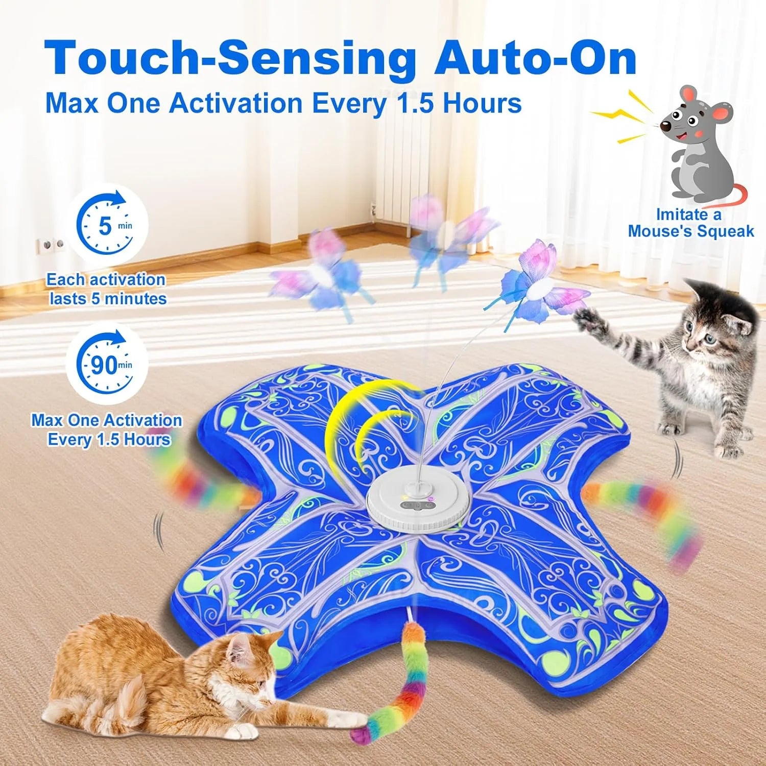 Rechargeable Interactive Cat Toys - Upgraded Hide and Seek Fluttering Fun for Indoor Cats (Blue)