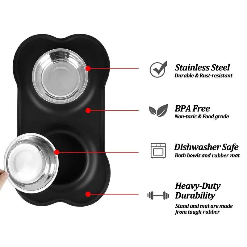 Premium Stainless Steel Slow Feeder Dog Bowls with No Spill Waterproof Silicone Mat - 2 in 1 Feeding Station for All Breeds