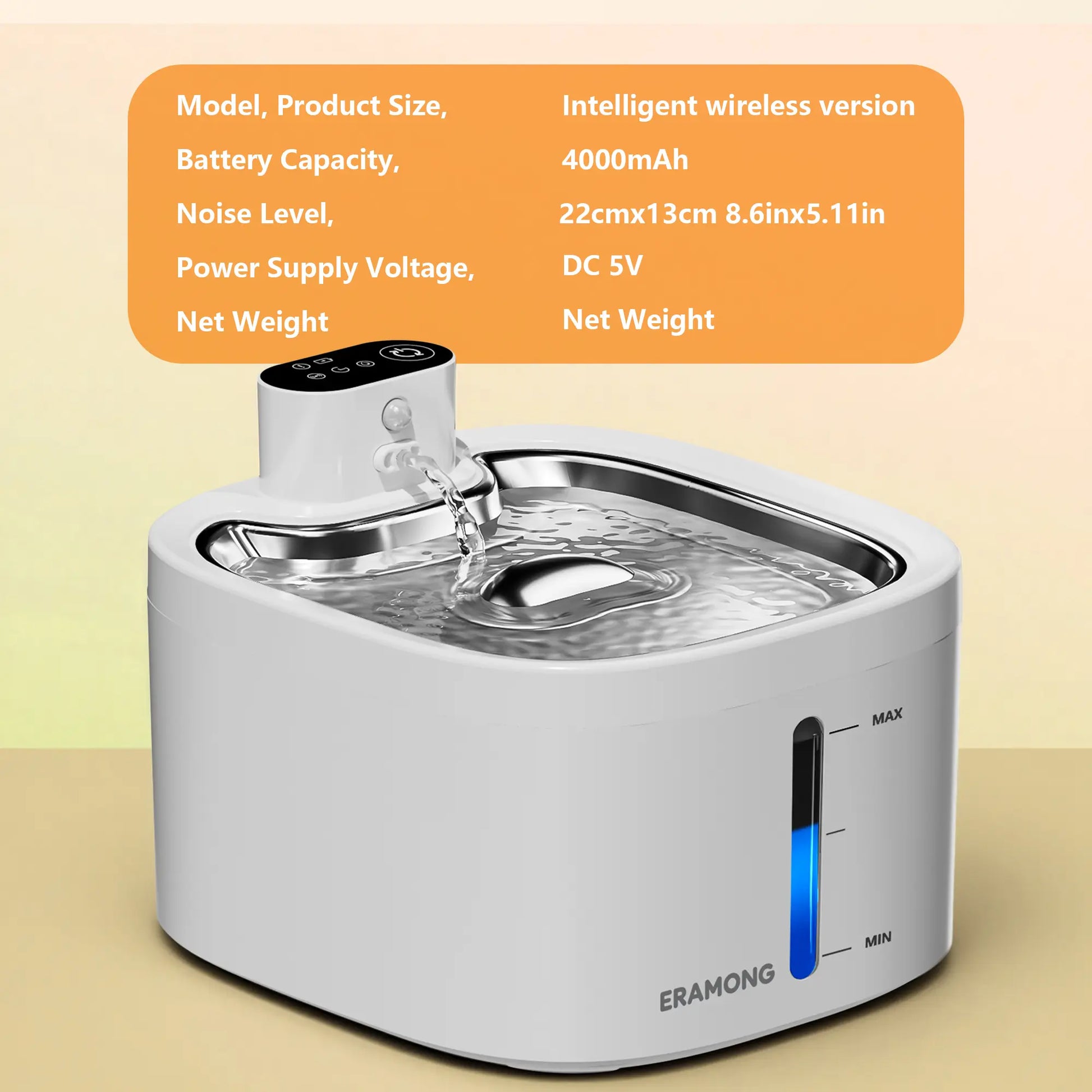 ERAMONG Smart Indoor Wireless Pet Water Fountain - 3.5L Battery-Powered with Stainless Steel Tray, Motion Sensor, and 4-Layer Filtration System for Cats and Dogs