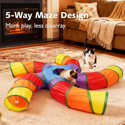 Rainbow Cat Tunnel with Play Ball & Toy Mouse - Collapsible S-Shape Interactive Tube for Cats, Kittens, Rabbits & Puppies - Perfect Christmas Gift!