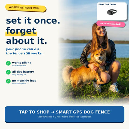 Gf02E GPS Wireless Dog Fence System - Subscription-Free Virtual Containment with Customizable Boundaries, 2-in-1 Training Collar, Waterproof and Rechargeable for Medium to Large Dogs