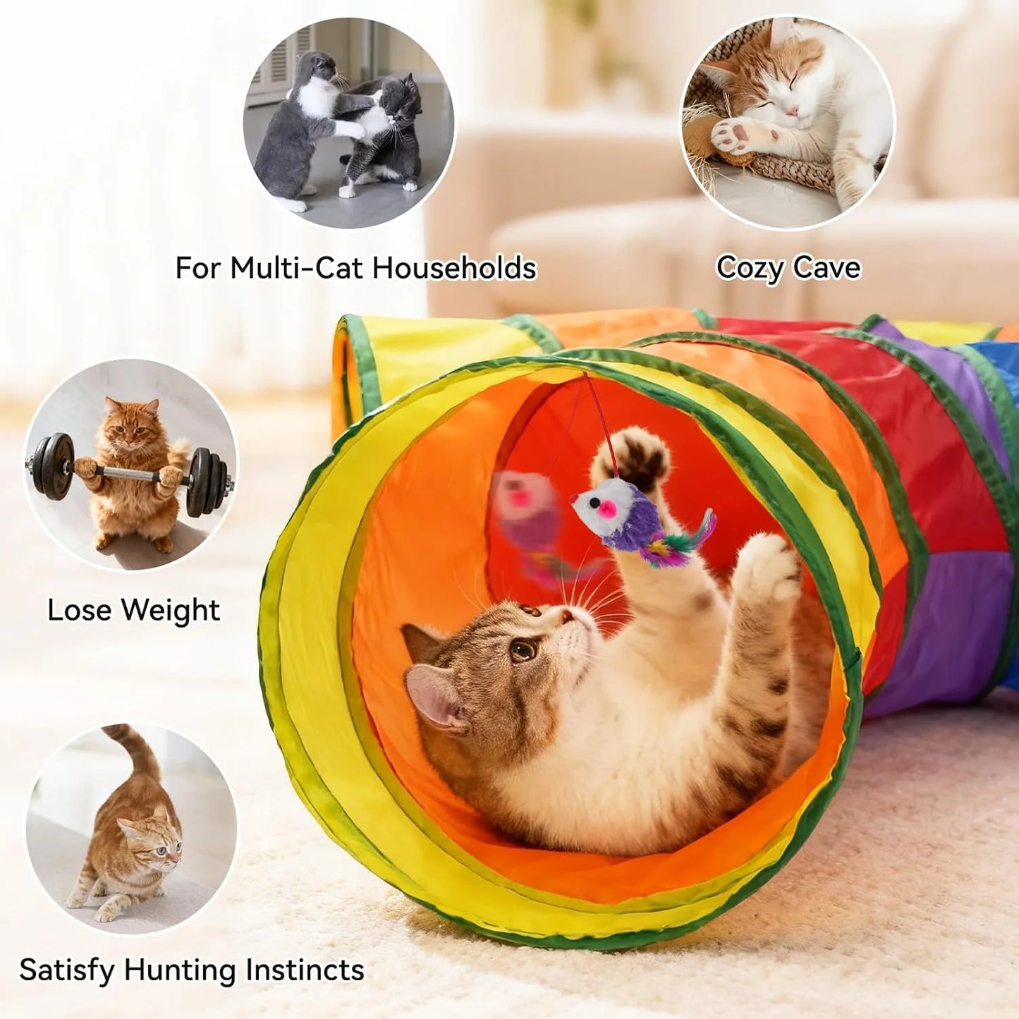 Rainbow Cat Tunnel with Play Ball & Toy Mouse - Collapsible S-Shape Interactive Tube for Cats, Kittens, Rabbits & Puppies - Perfect Christmas Gift!