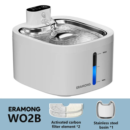 ERAMONG Smart Indoor Wireless Pet Water Fountain - 3.5L Battery-Powered with Stainless Steel Tray, Motion Sensor, and 4-Layer Filtration System for Cats and Dogs