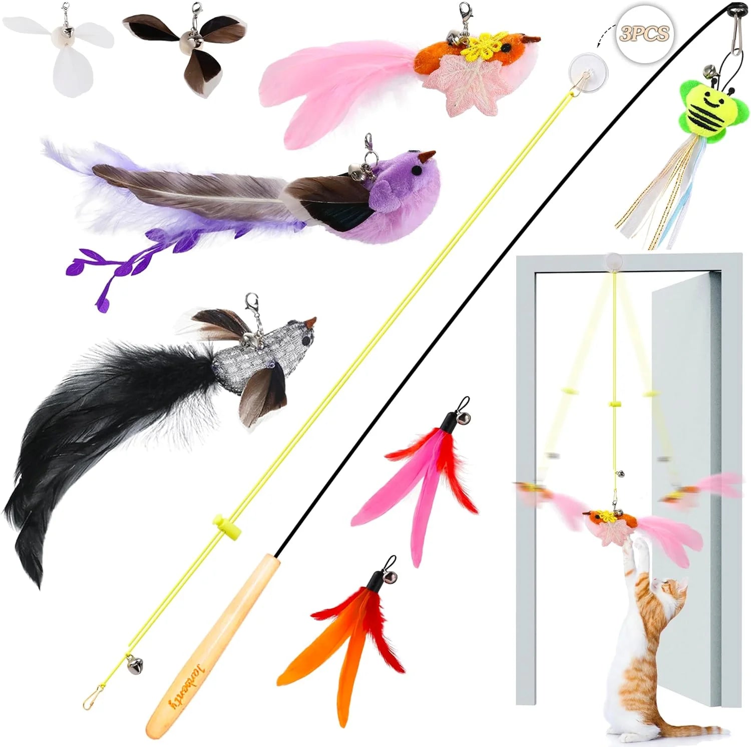 Interactive Flying Bird Cat Toy Set - 8 Durable Wand Replacements for Engaging Indoor Play!