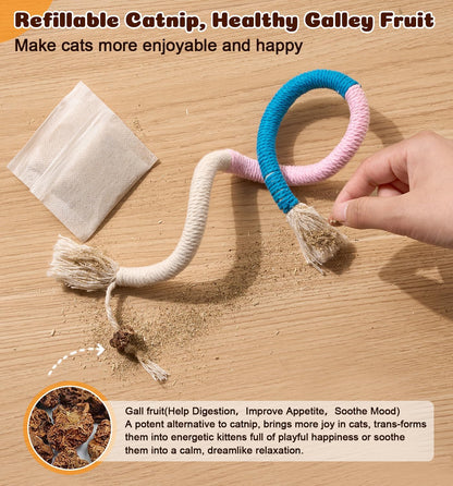 Interactive Cat Chew Ropes - 4 Pack with Refillable Natural Catnip, Safe Dental Toys for Indoor Cats and Kittens of All Breeds