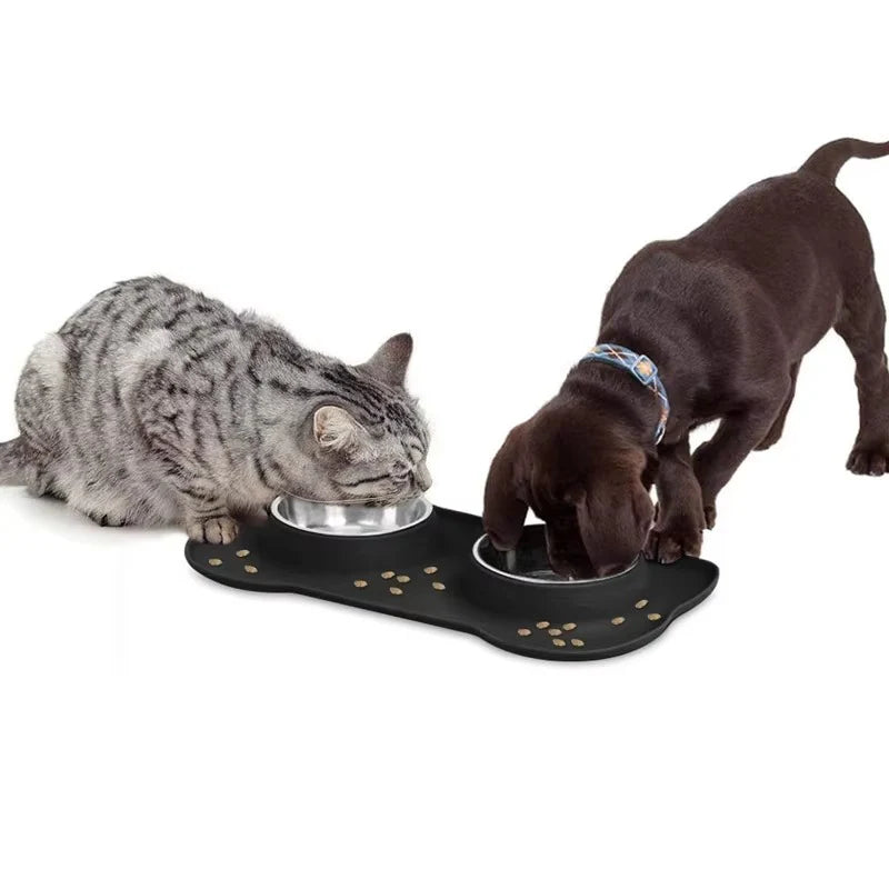 Premium Stainless Steel Slow Feeder Dog Bowls with No Spill Waterproof Silicone Mat - 2 in 1 Feeding Station for All Breeds