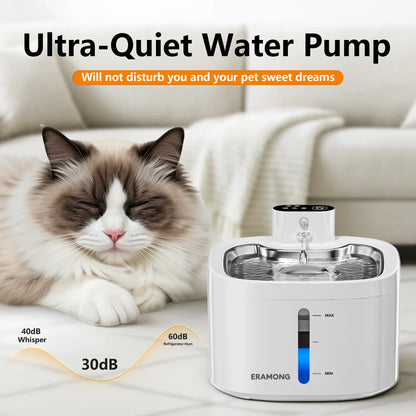 ERAMONG Smart Indoor Wireless Pet Water Fountain - 3.5L Battery-Powered with Stainless Steel Tray, Motion Sensor, and 4-Layer Filtration System for Cats and Dogs