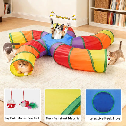 Rainbow Cat Tunnel with Play Ball & Toy Mouse - Collapsible S-Shape Interactive Tube for Cats, Kittens, Rabbits & Puppies - Perfect Christmas Gift!
