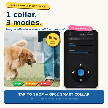 Gf02E GPS Wireless Dog Fence System - Subscription-Free Virtual Containment with Customizable Boundaries, 2-in-1 Training Collar, Waterproof and Rechargeable for Medium to Large Dogs