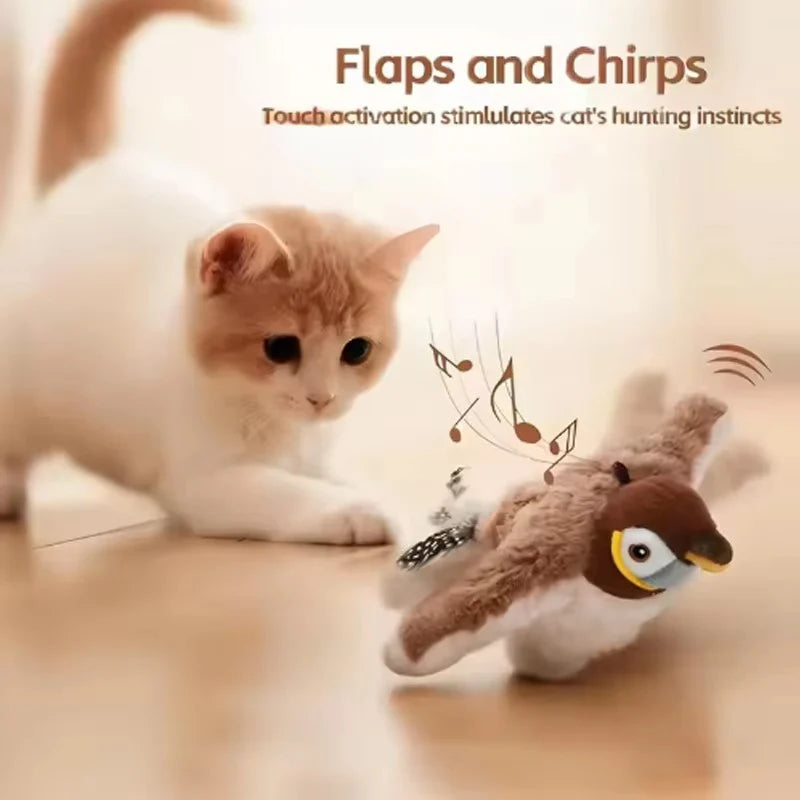 Upgraded Interactive Chirping Bird Cat Toy with Flapping Wings - Electric Sparrow for Indoor Hunting Fun!