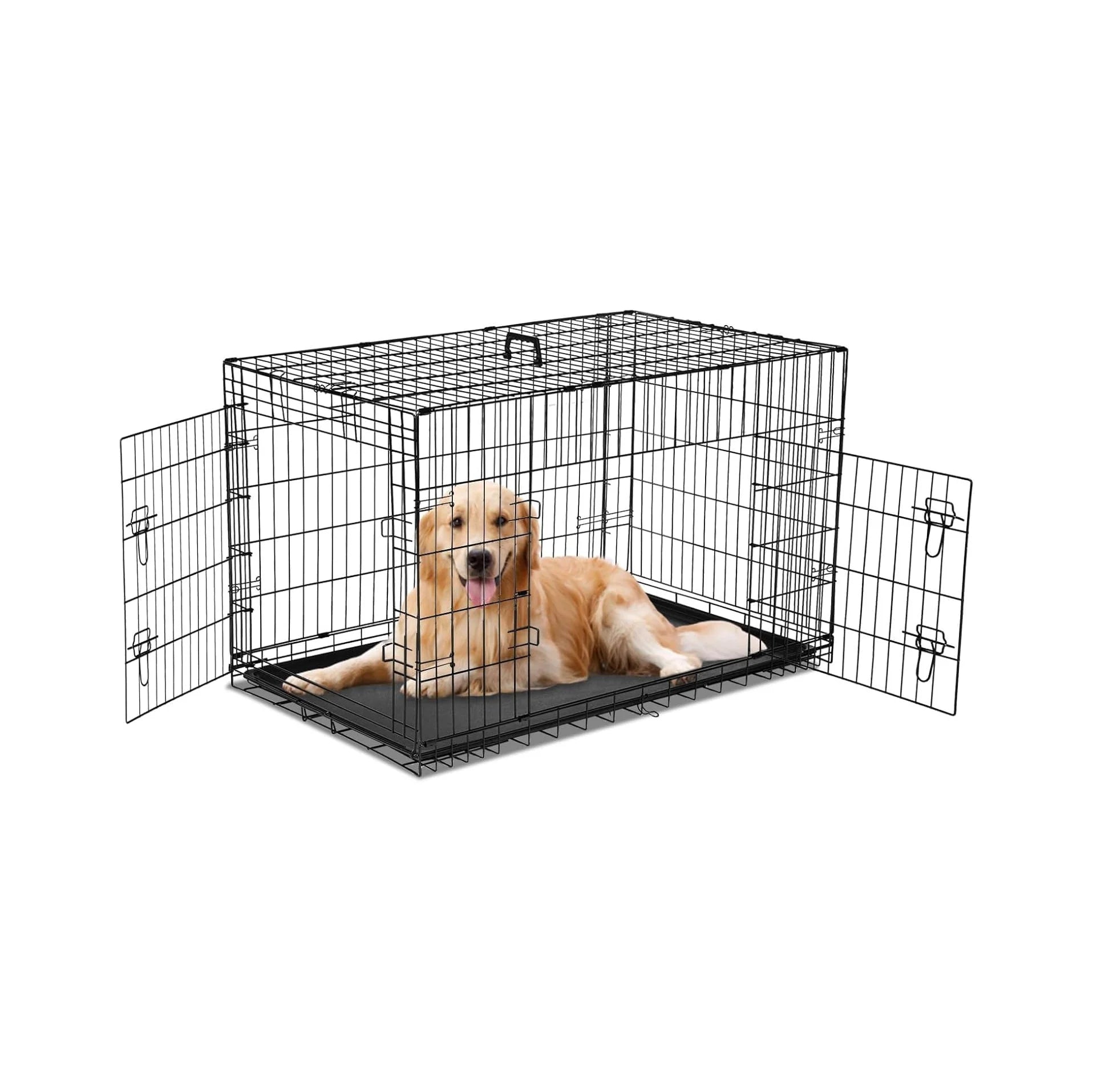 36" Double Door Portable Dog Crate - Metal Wire Kennel with Secure Lock, Leak-Proof Pan, and Foldable Design for Indoor Training & Outdoor Travel