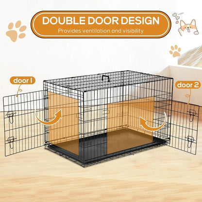 36" Double Door Portable Dog Crate - Metal Wire Kennel with Secure Lock, Leak-Proof Pan, and Foldable Design for Indoor Training & Outdoor Travel