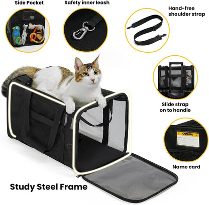 Premium Soft-Sided Cat Carrier Bag - Airline Approved Pet Travel Carrier for Small & Medium Cats and Puppies up to 15lbs - Collapsible Design with 4-Sided Mesh for Ultimate Comfort